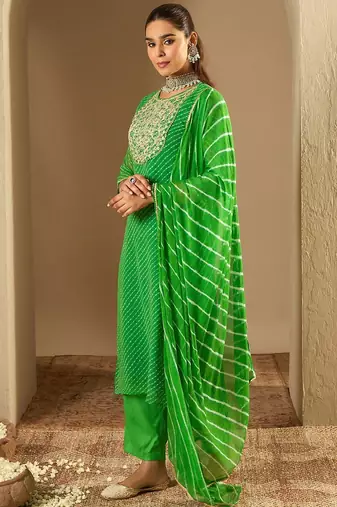 Leheriya Printed Straight Sequinned Georgette Kurta with Trousers & Dupatta