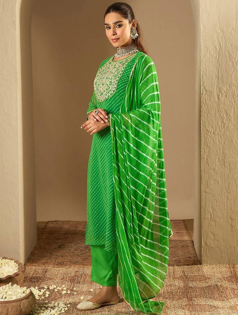 Leheriya Printed Straight Sequinned Georgette Kurta with Trousers & Dupatta
