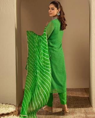 Leheriya Printed Straight Sequinned Georgette Kurta with Trousers & Dupatta 6