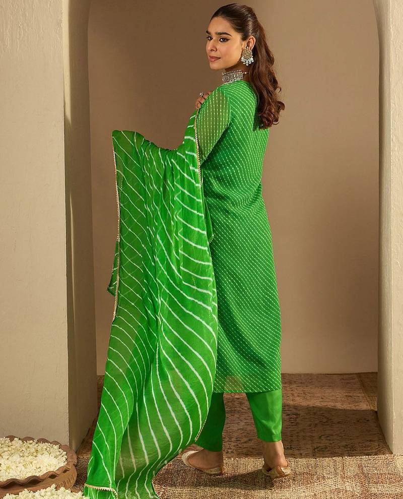 Leheriya Printed Straight Sequinned Georgette Kurta with Trousers & Dupatta