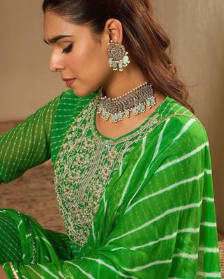 Leheriya Printed Straight Sequinned Georgette Kurta with Trousers & Dupatta 7