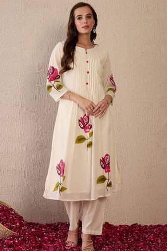 Women Floral Printed Thread Work Cotton Kurta with Trousers