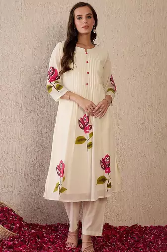 Women Floral Printed Regular Thread Work Pure Cotton Kurta with Trousers