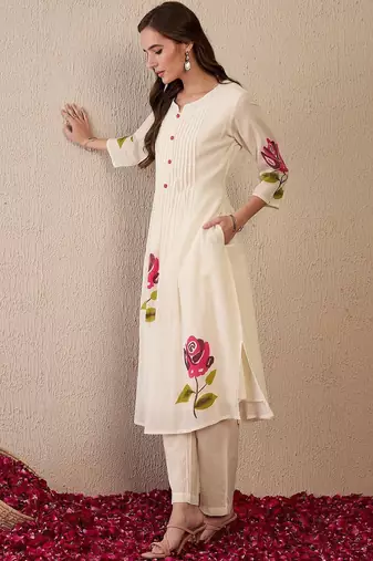 Women Floral Printed Regular Thread Work Pure Cotton Kurta with Trousers