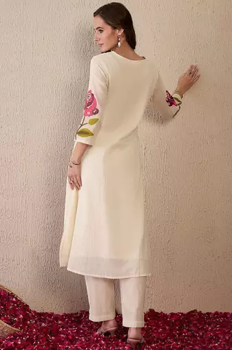 Women Floral Printed Regular Thread Work Pure Cotton Kurta with Trousers
