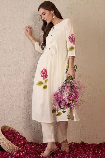 Women Floral Printed Regular Thread Work Pure Cotton Kurta with Trousers