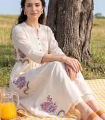 Women Floral Embroidered Pleated Thread Work Pure Cotton Kurta with Trousers