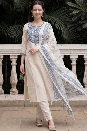 Women Ethnic Motifs Embroidered Mirror Work Cotton Kurta with Trousers & With Dupatta