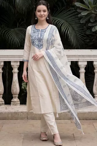 Women Ethnic Motifs Embroidered Regular Mirror Work  Cotton Kurta with Trousers & With Dupatta