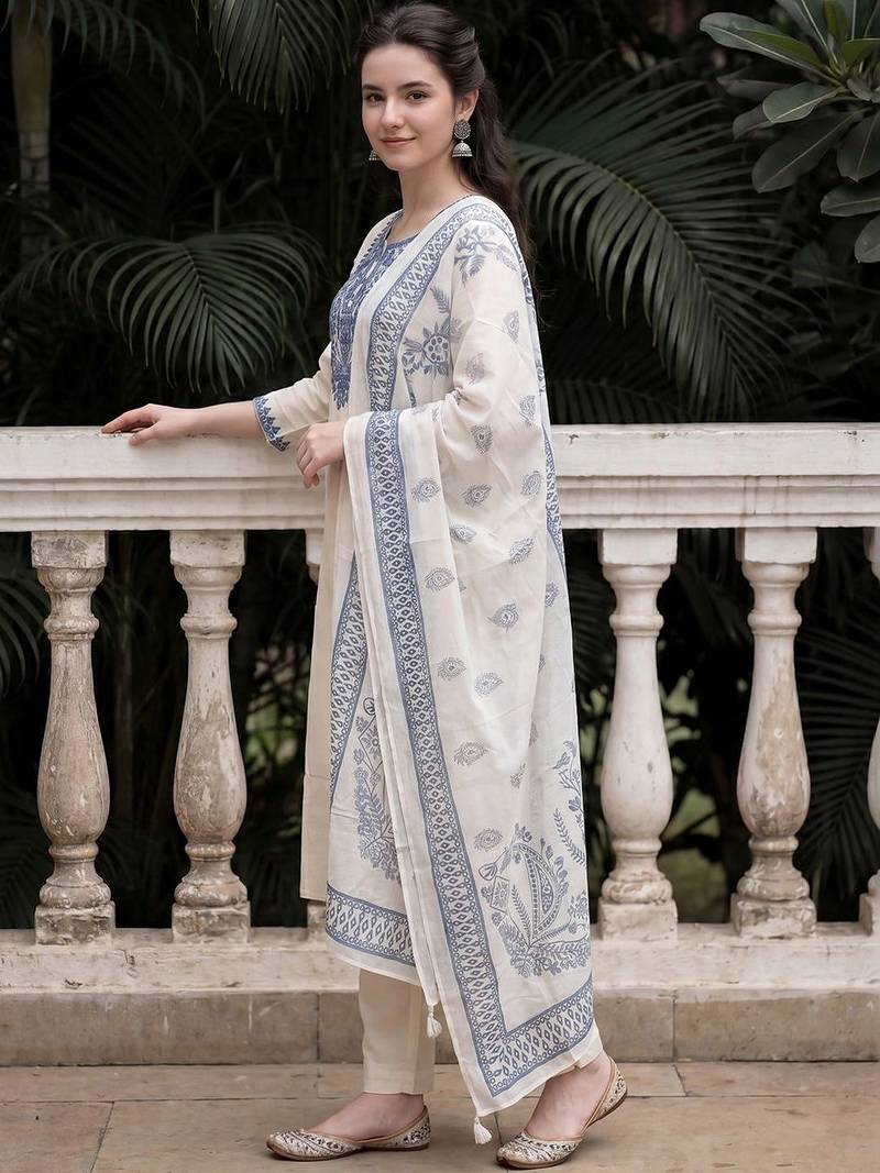 Women Ethnic Motifs Embroidered Regular Mirror Work  Cotton Kurta with Trousers & With Dupatta