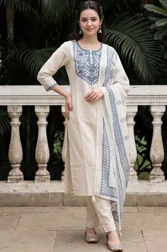 Women Ethnic Motifs Embroidered Regular Mirror Work  Cotton Kurta with Trousers & With Dupatta