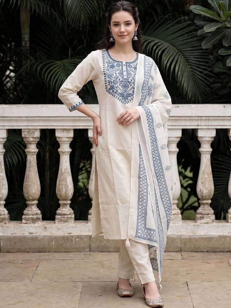 Women Ethnic Motifs Embroidered Regular Mirror Work  Cotton Kurta with Trousers & With Dupatta