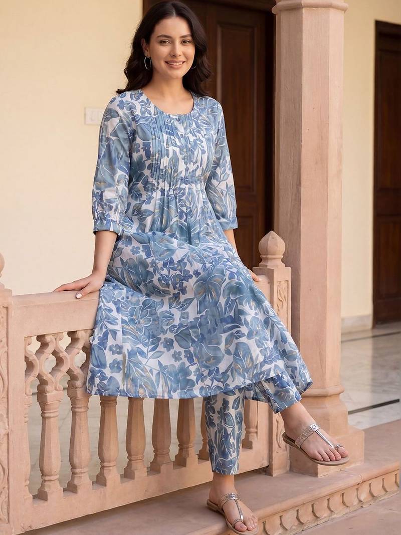Women Floral Printed Regular  Cotton Kurta with Trousers