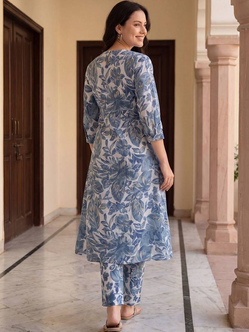 Women Floral Printed Regular  Cotton Kurta with Trousers