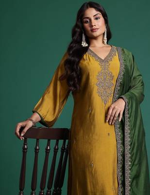 Plus Size Mustard Embroidered Straight Kurta Trousers With Dupatta Set 1
