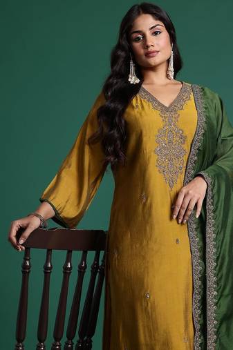 Plus Size Mustard Embroidered Straight Kurta Trousers With Dupatta Set