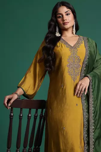 Plus Size Mustard Embroidered Straight Kurta Trousers With Dupatta Set