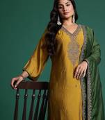 Plus Size Mustard Embroidered Straight Kurta Trousers With Dupatta Set