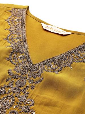 Plus Size Mustard Embroidered Straight Kurta Trousers With Dupatta Set 2