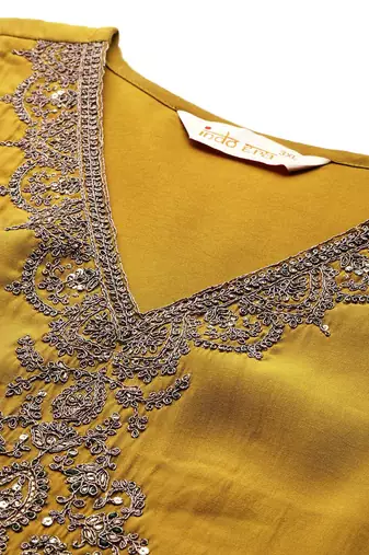 Plus Size Mustard Embroidered Straight Kurta Trousers With Dupatta Set