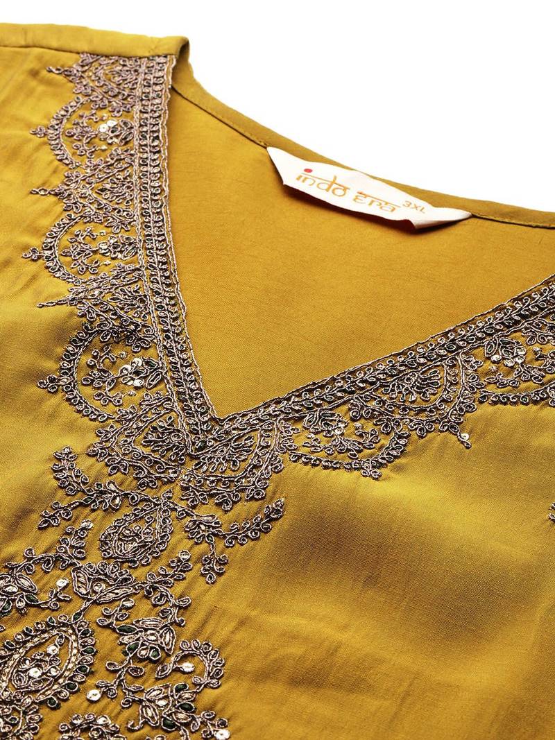 Plus Size Mustard Embroidered Straight Kurta Trousers With Dupatta Set