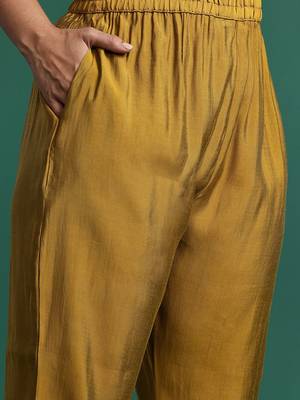 Plus Size Mustard Embroidered Straight Kurta Trousers With Dupatta Set 3