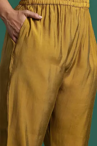 Plus Size Mustard Embroidered Straight Kurta Trousers With Dupatta Set