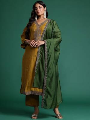 Plus Size Mustard Embroidered Straight Kurta Trousers With Dupatta Set 5
