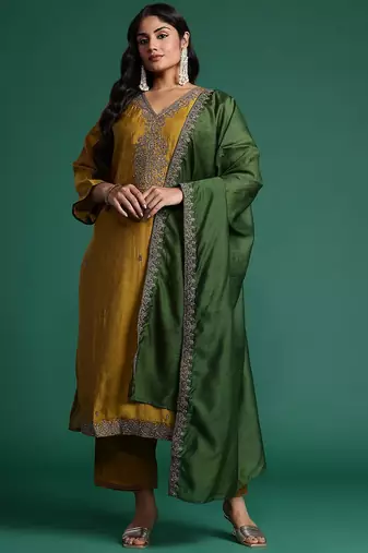 Plus Size Mustard Embroidered Straight Kurta Trousers With Dupatta Set