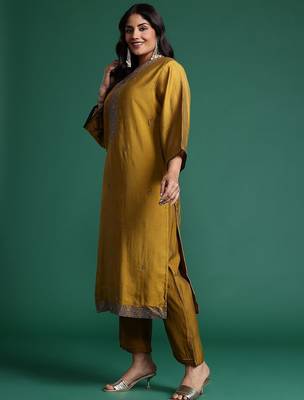 Plus Size Mustard Embroidered Straight Kurta Trousers With Dupatta Set 6