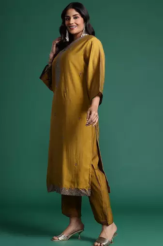 Plus Size Mustard Embroidered Straight Kurta Trousers With Dupatta Set