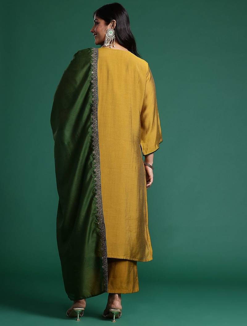 Plus Size Mustard Embroidered Straight Kurta Trousers With Dupatta Set