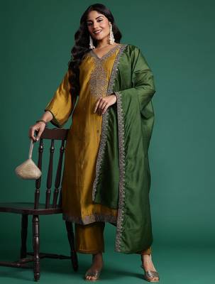 Plus Size Mustard Embroidered Straight Kurta Trousers With Dupatta Set 8