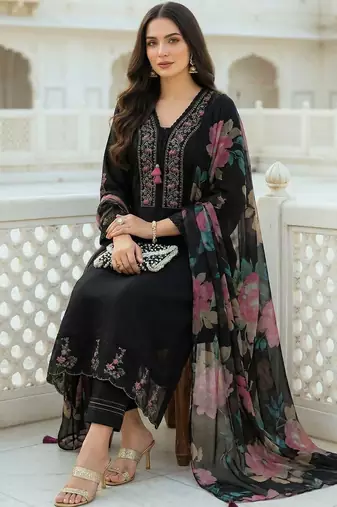 Women Floral Embroidered Regular Thread Work Pure Cotton Kurta with Trousers & With Dupatta
