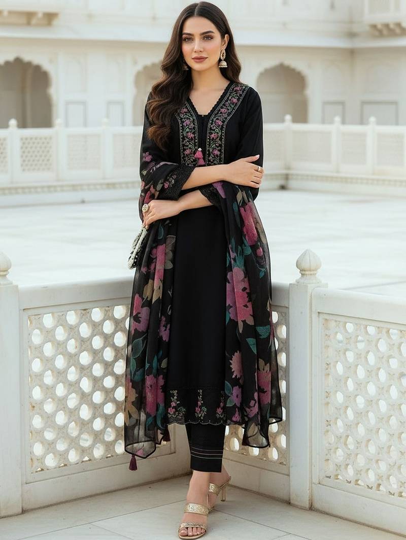 Women Floral Embroidered Regular Thread Work  Cotton Kurta with Trousers & With Dupatta