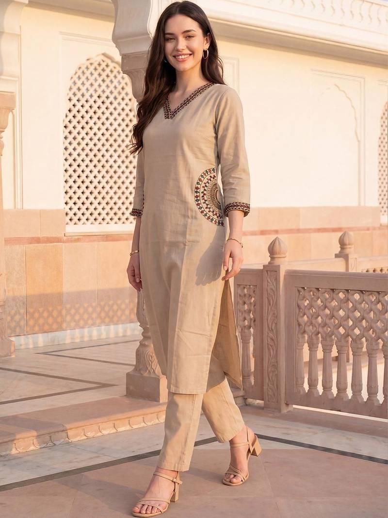 Women Ethnic Motifs Embroidered Regular Thread Work Pure Cotton Kurta with Trousers