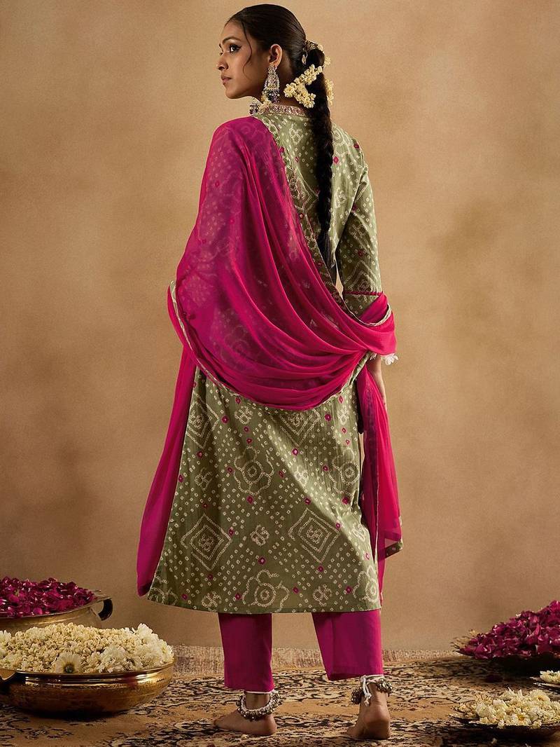 Bandhani Printed Pure Cotton Kurta With Trousers & Dupatta
