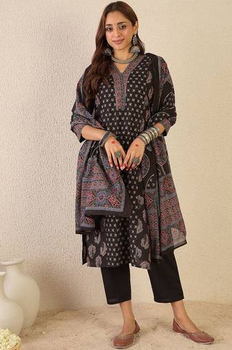 Floral Printed V-Neck Cotton Straight Kurta With Trousers & Dupatta