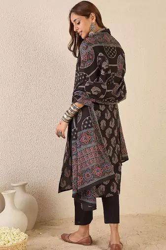 Floral Printed V-Neck Pure Cotton Straight Kurta With Trousers & Dupatta
