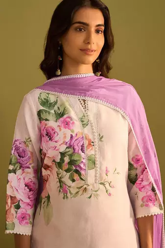 Floral Printed V-Neck Linen Straight Kurta With Trousers & Dupatta