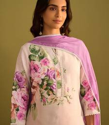 Floral Printed V-Neck Linen Straight Kurta With Trousers & Dupatta