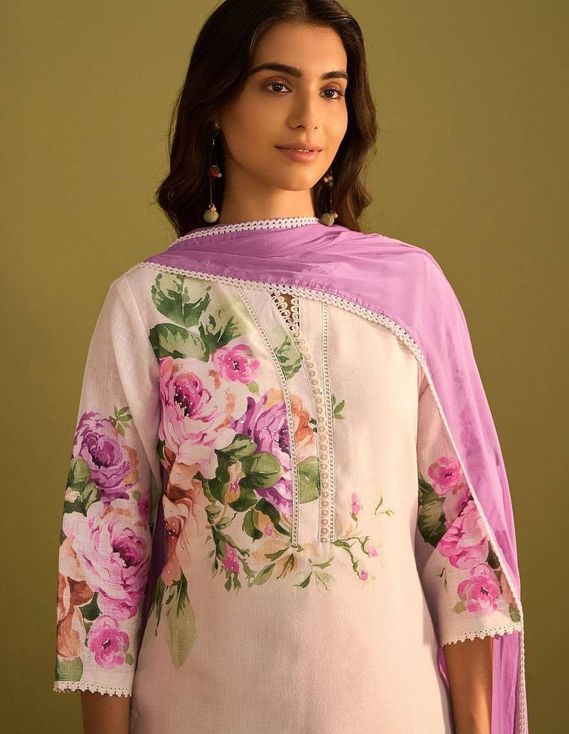 Floral Printed V-Neck Linen Straight Kurta With Trousers & Dupatta