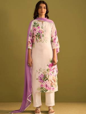 Floral Printed V-Neck Linen Straight Kurta With Trousers & Dupatta 1