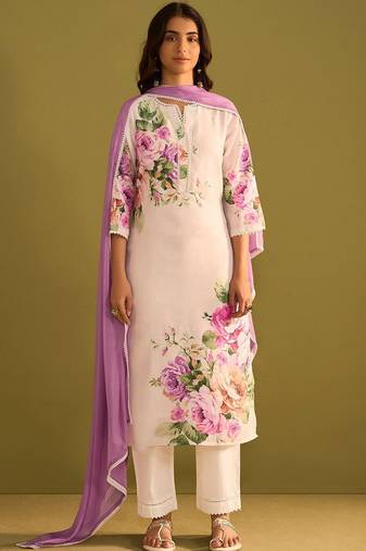 Floral Printed V-Neck Linen Straight Kurta With Trousers & Dupatta