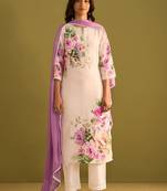 Floral Printed V-Neck Linen Straight Kurta With Trousers & Dupatta