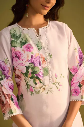 Floral Printed V-Neck Linen Straight Kurta With Trousers & Dupatta