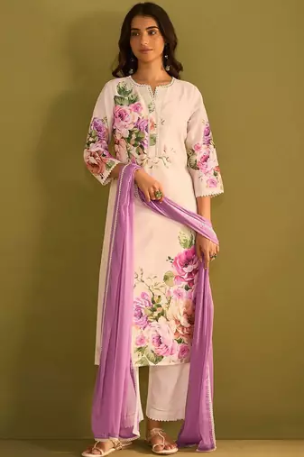 Floral Printed V-Neck Linen Straight Kurta With Trousers & Dupatta