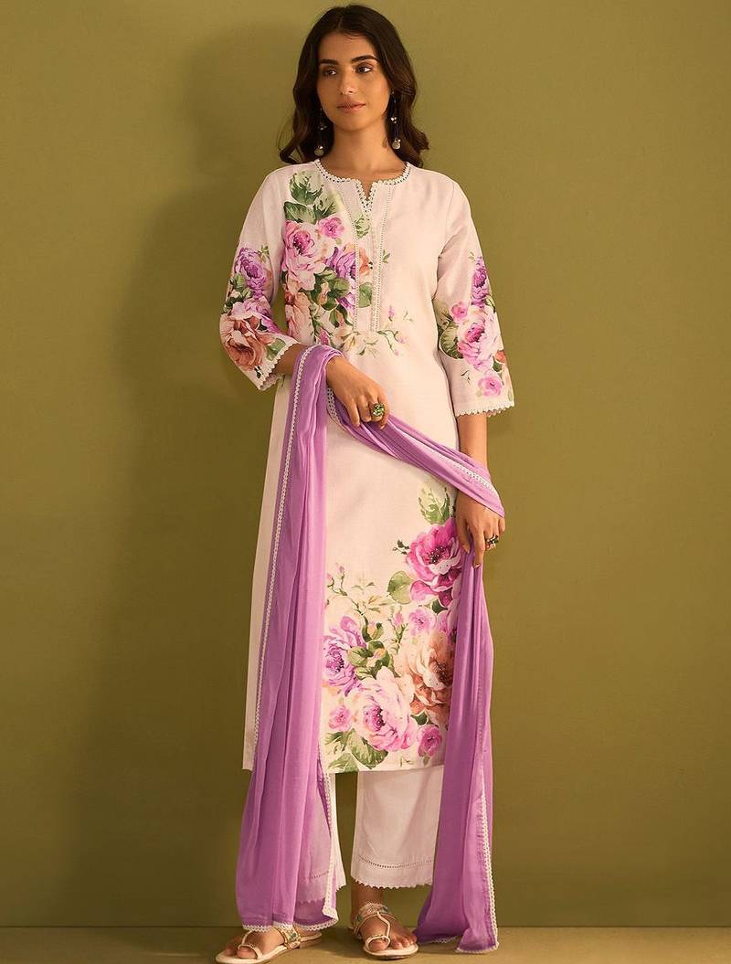 Floral Printed V-Neck Linen Straight Kurta With Trousers & Dupatta