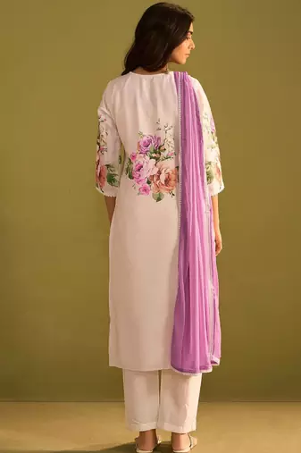 Floral Printed V-Neck Linen Straight Kurta With Trousers & Dupatta