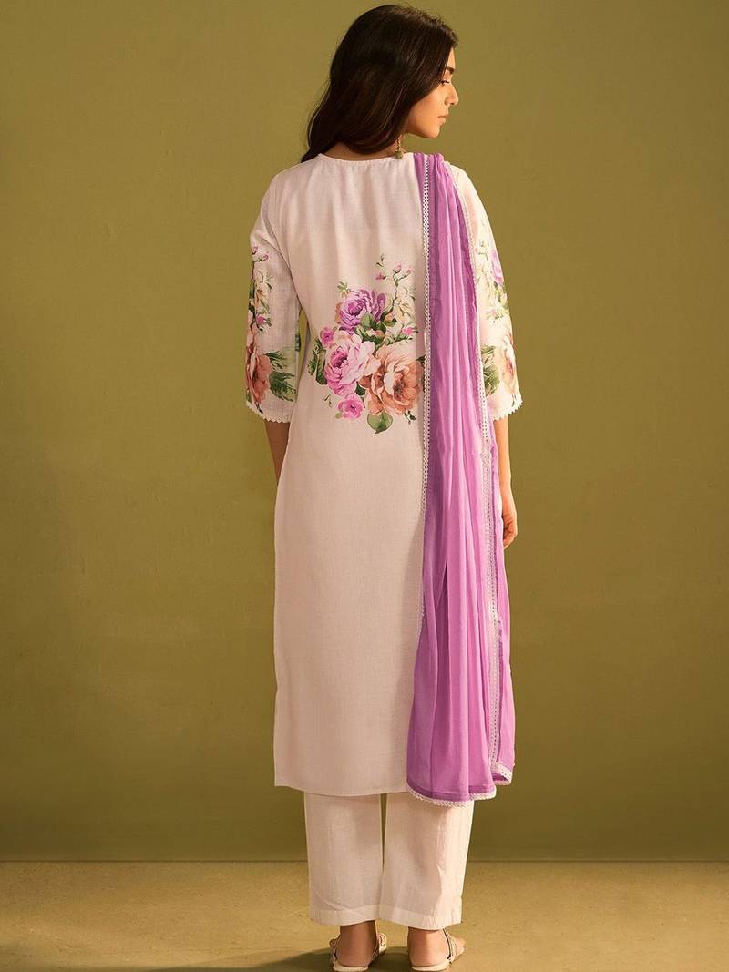 Floral Printed V-Neck Linen Straight Kurta With Trousers & Dupatta